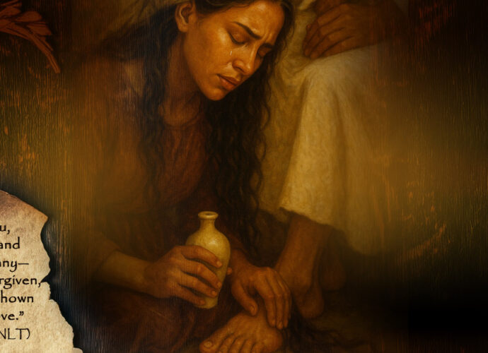 Woman with the alabaster box kneeling at the feet of Jesus, Luke 7:47