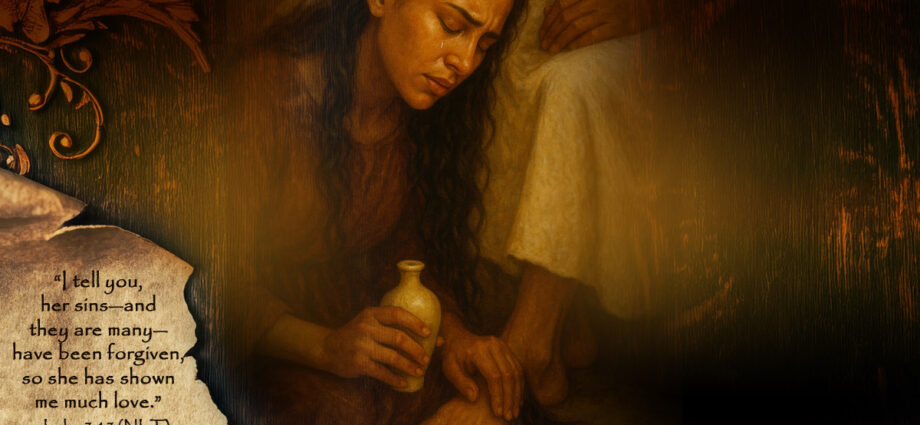 Woman with the alabaster box kneeling at the feet of Jesus, Luke 7:47