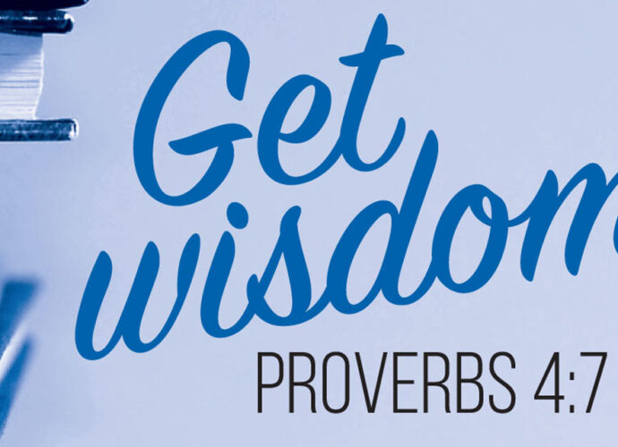Books off to the side and blue tinted background with Proverbs 4:7 in the foreground.