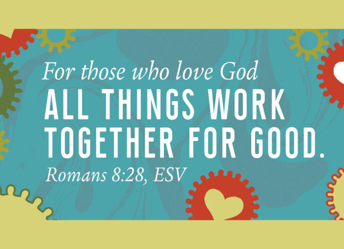 abstract green and turquoise background with Romans 8:28 written across.