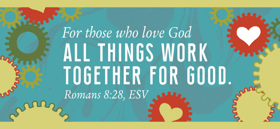 abstract green and turquoise background with Romans 8:28 written across.