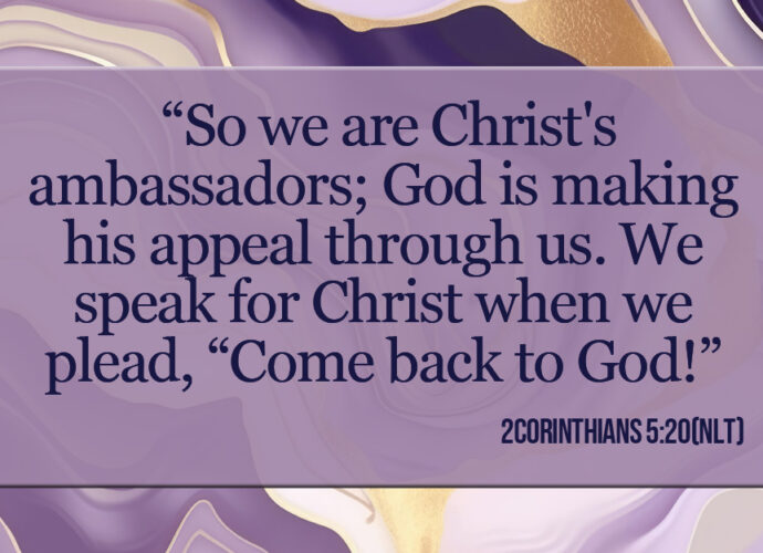 Beautiful purple abstract background with 2 Corinthians 5:20 written across it.