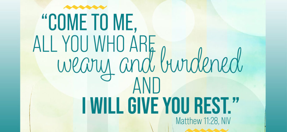 multicolored green abstract background with the words of Matthew 11:28 written across it.