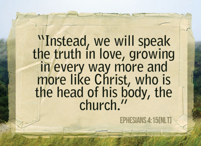 mountain and green grass landscape. Ephesians 4:15 nlt written across it.