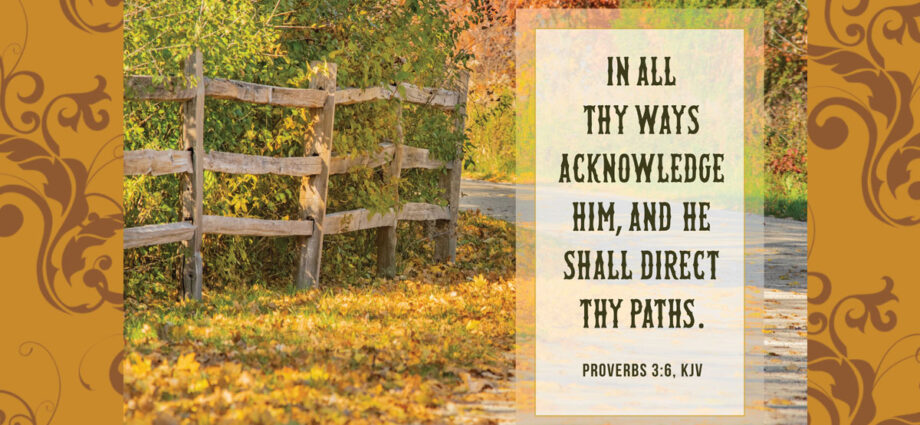 Beautiful Fall tree lined pathway with the words of Proverbs 3:6