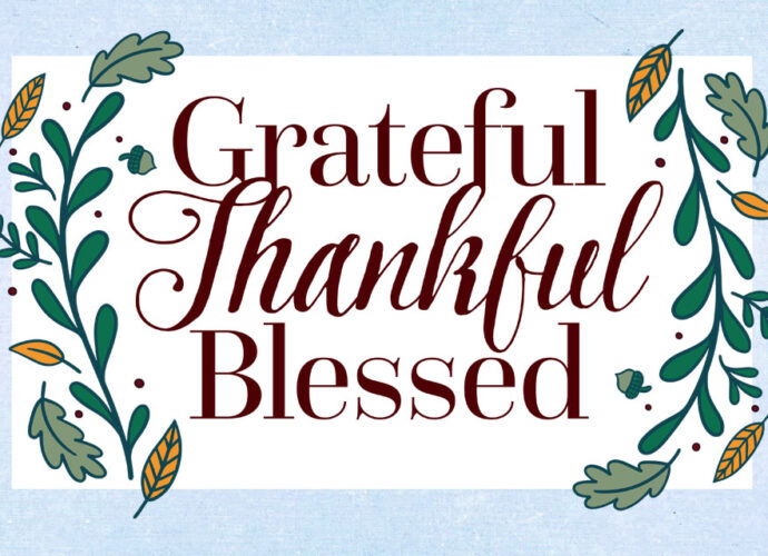 light blue background with the words grateful, thankful and blessed.