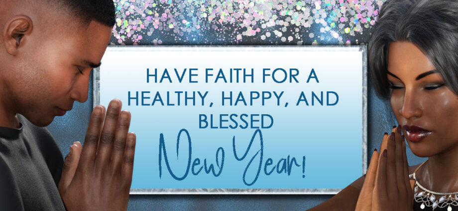 Man and woman praying with glittering background. Happy New Year.