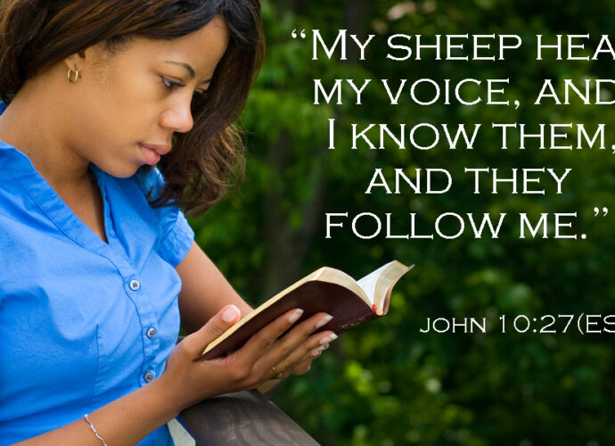 The words of scripture in John 10:27 with a beautiful young woman reading scripture in the background.
