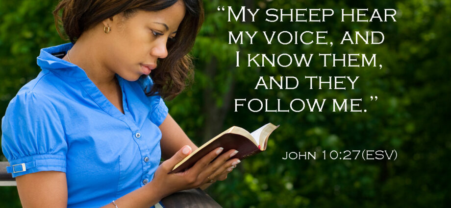 The words of scripture in John 10:27 with a beautiful young woman reading scripture in the background.