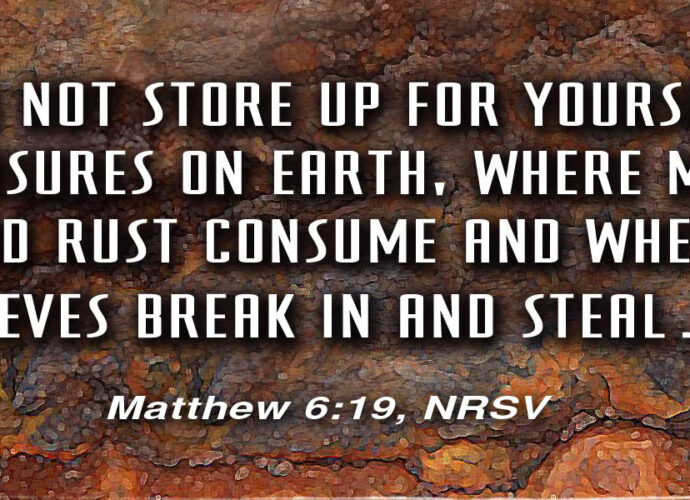 Matthew 6:19 written across a brown stony background.