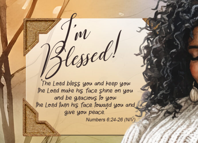Background with Fall colors with a beautiful woman looking blessed and Numbers 6:24-26 written in the center