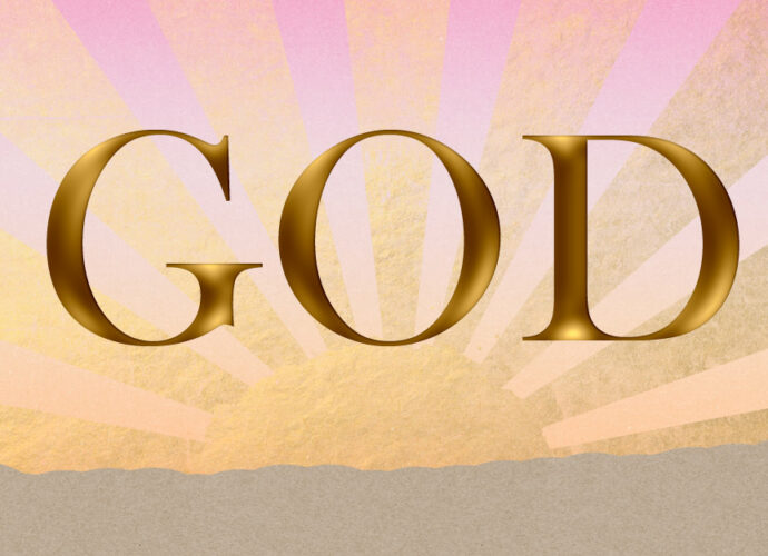 Morning dawn background with the word “God” in large text in the foreground.