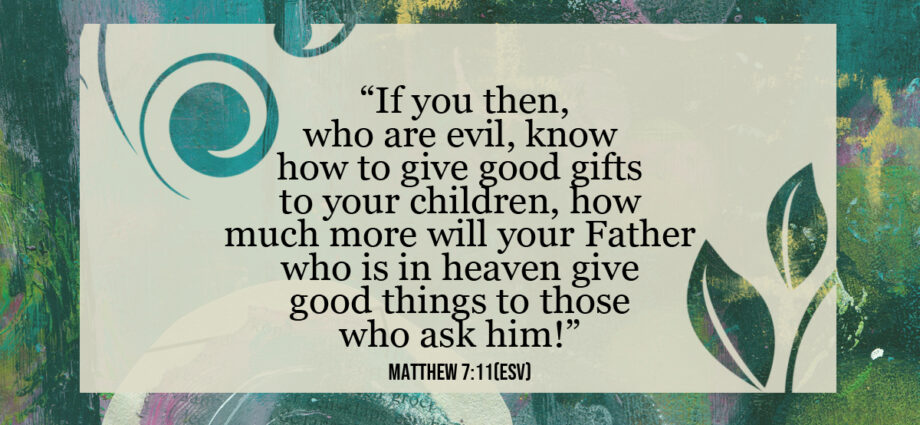 Multicolored green abstract background with Matthew 7:11 written across it.