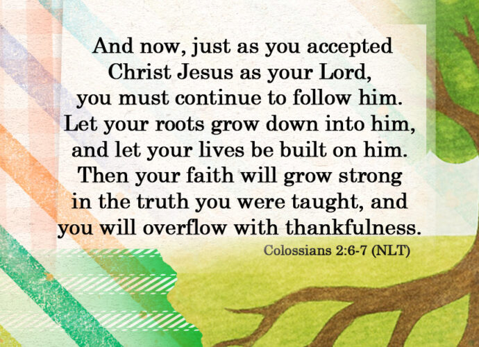 Colorful background, tree with deep roots and Colossians 2:6-7 written.