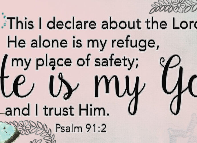 butterfly and flowers on pink background. Words of Psalm 91:2 written across.