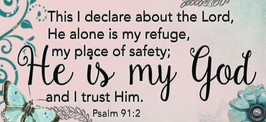 butterfly and flowers on pink background. Words of Psalm 91:2 written across.