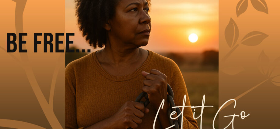 woman in her 50s: A woman holding onto a heavy chain but looking away from a sunrise.