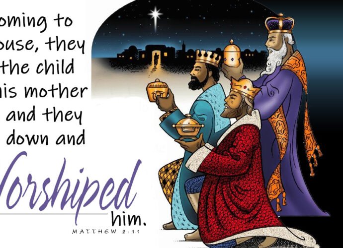 Three Kings presenting gifts to baby Jesus with words of Matthew 2:11