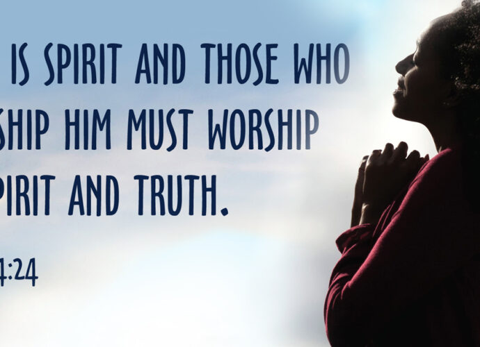 Blue clouds Background with a beautiful woman in quiet reflection with the words of John 4:24