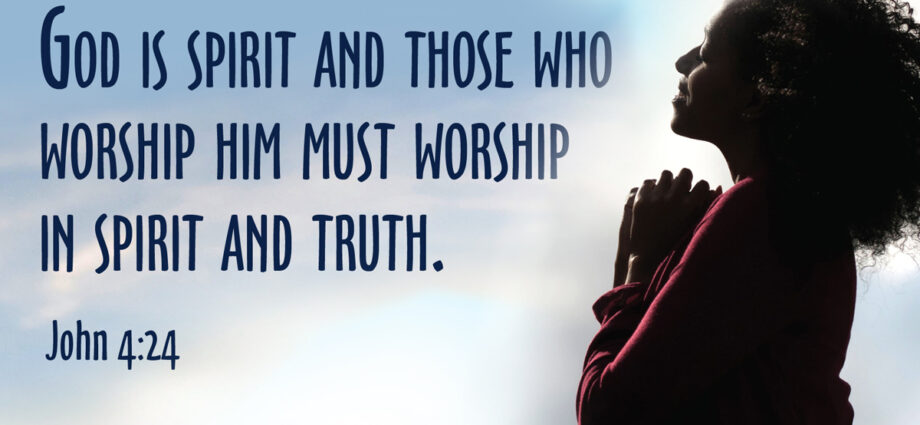 Blue clouds Background with a beautiful woman in quiet reflection with the words of John 4:24