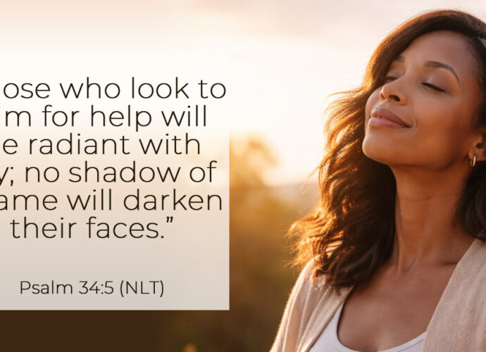 A background with a blurred sunset with a beautiful woman basking in the glow with a peaceful expression. Words of Psalm 34:5 in the foreground.
