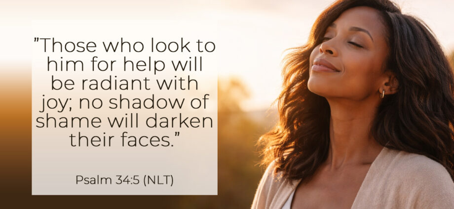 A background with a blurred sunset with a beautiful woman basking in the glow with a peaceful expression. Words of Psalm 34:5 in the foreground.