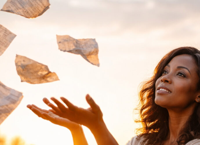 An African American woman lets go of crumpled pages into the wind, her face calm and uplifted as she releases what no longer serves her.