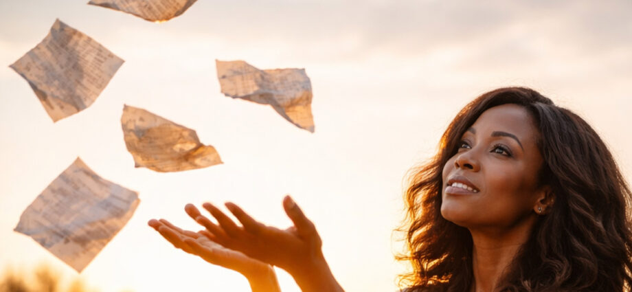 An African American woman lets go of crumpled pages into the wind, her face calm and uplifted as she releases what no longer serves her.