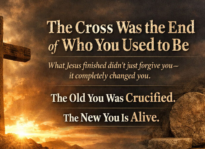 A wooden cross silhouetted against a glowing sunset on one side and an empty tomb illuminated with light on the other, symbolizing the sacrifice and resurrection of Jesus Christ, with text about transformation and new life.