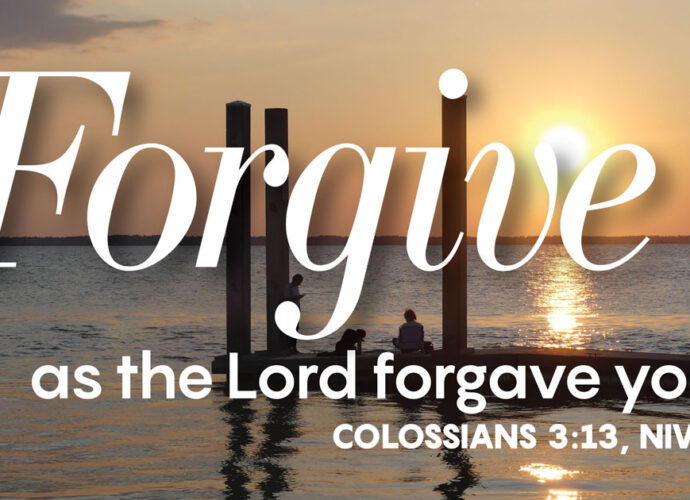 A dock in front of a beautiful calming sunset background. The words of Colossians 3:13 written in the foreground.