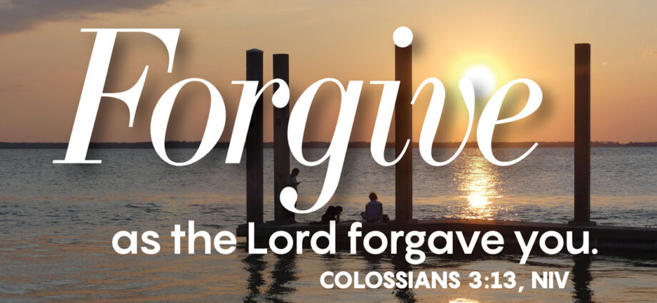 A dock in front of a beautiful calming sunset background. The words of Colossians 3:13 written in the foreground.