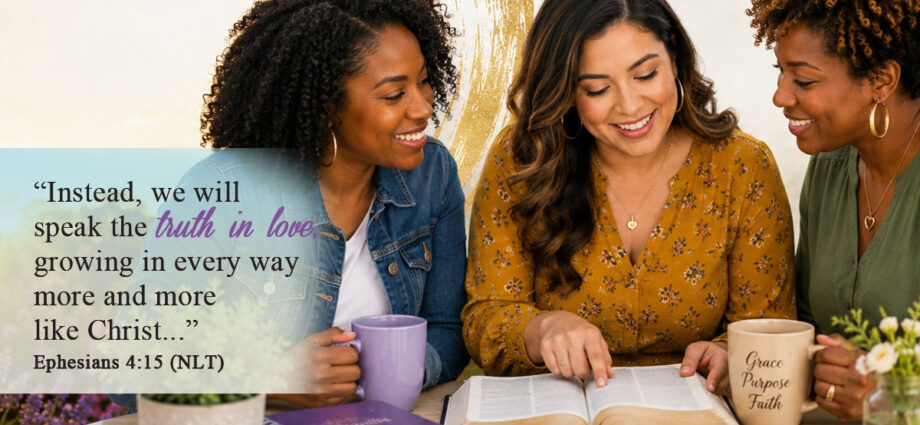 Christian women studying the Bible together, encouraging one another through faith, truth, grace, and fellowship, inspired by Ephesians 4:15 and growing together in Christ.