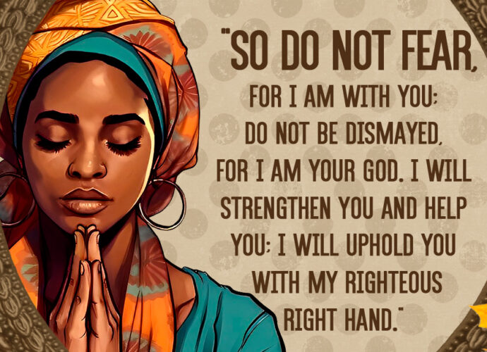 Isaiah 41:10 niv written across a multicolored background with a beautiful woman praying.
