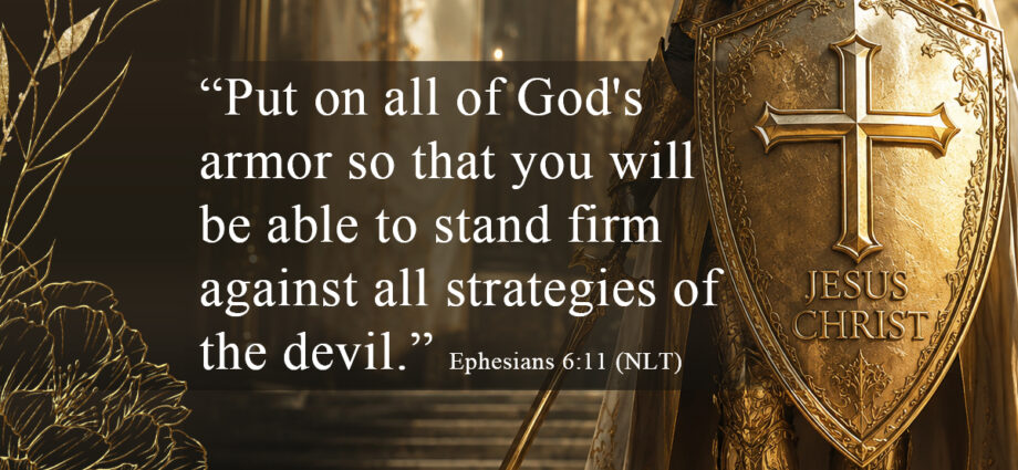 Symbolic armor of God image featuring a gold shield with a cross and the name of Jesus Christ. Words of Ephesians 6:11 written in the foreground.