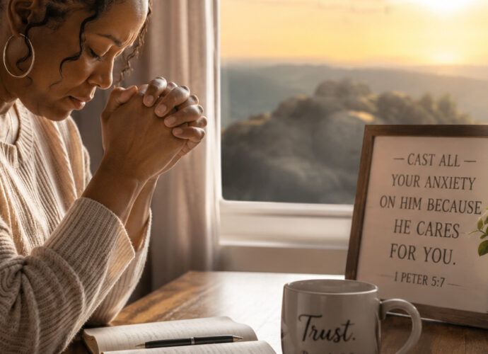 Woman praying and surrendering her burdens to Jesus Christ while trusting God with an uncertain situation.
