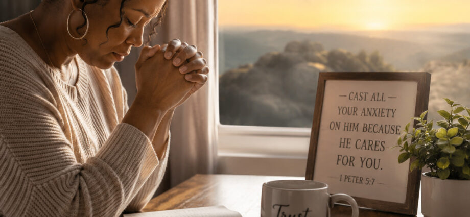Woman praying and surrendering her burdens to Jesus Christ while trusting God with an uncertain situation.