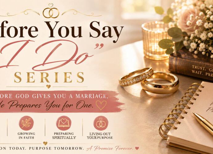 Elegant banner for the "Before You Say 'I Do'" series featuring two gold wedding rings on a softly lit table beside a Bible, journal, flowers, and candle, symbolizing God's preparation of the heart before marriage.