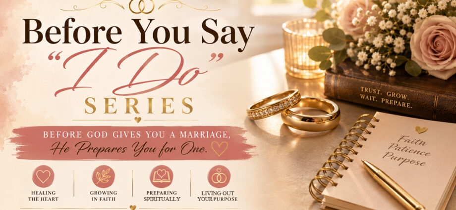 Elegant banner for the "Before You Say 'I Do'" series featuring two gold wedding rings on a softly lit table beside a Bible, journal, flowers, and candle, symbolizing God's preparation of the heart before marriage.