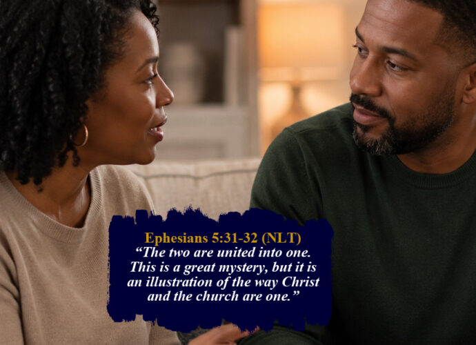 African American married couple having a calm, meaningful conversation in their living room, representing biblical marriage, understanding, communication, and Christ-centered love.
