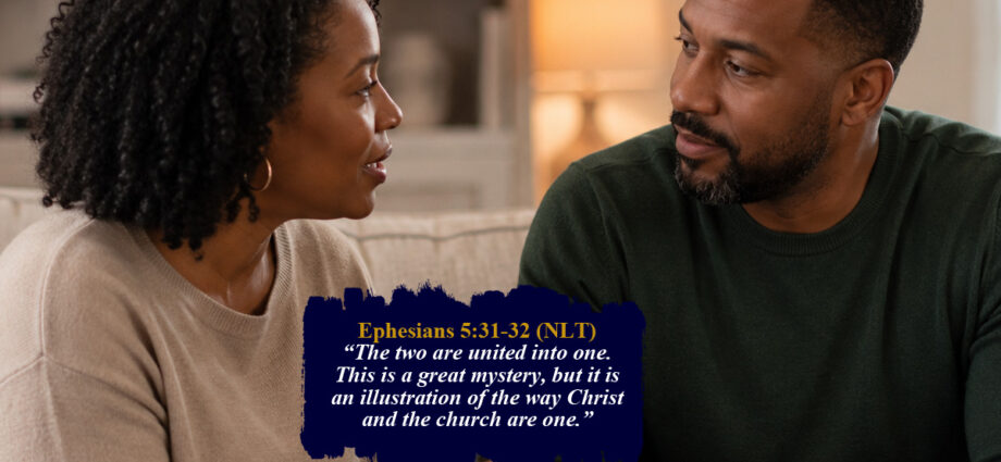 African American married couple having a calm, meaningful conversation in their living room, representing biblical marriage, understanding, communication, and Christ-centered love.