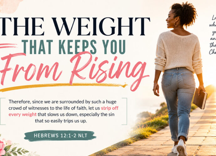 A woman holding a Bible looks toward a bright sunrise as stones labeled fear, pride, unforgiveness, self-reliance, old hurts, and the need for approval symbolize the spiritual weights believers lay aside to follow Jesus Christ.