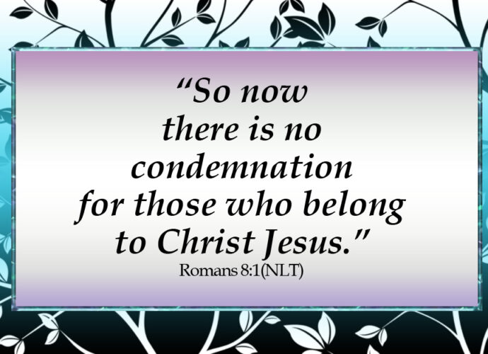 Beautiful gradient teal leaves background with the words of Romans 8:1 written in the foreground.