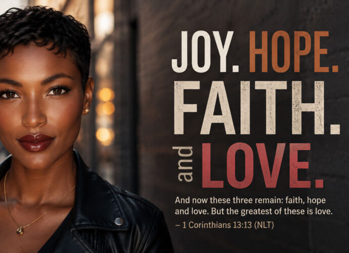 Young African American woman standing confidently in a modern urban setting beside the words Joy, Hope, Faith, and Love