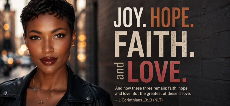 Young African American woman standing confidently in a modern urban setting beside the words Joy, Hope, Faith, and Love