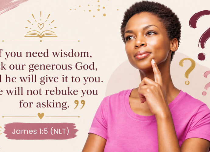 Thoughtful woman surrounded by question marks with James 1:5 NLT about asking God for wisdom.