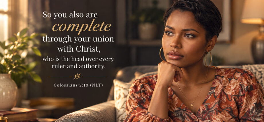 Woman sitting thoughtfully in a warmly lit room beside Colossians 2:10 NLT, emphasizing that believers are complete through their union with Christ.