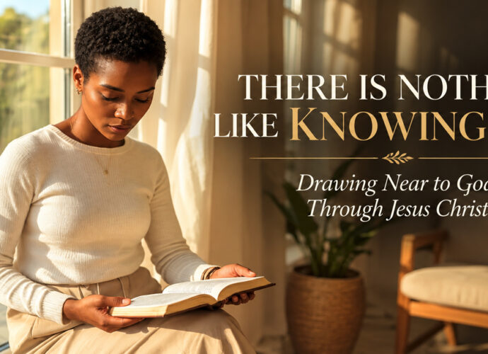 Christian woman quietly reading her Bible beside a sunlit window, illustrating intimacy with God and drawing near to Him through Jesus Christ.