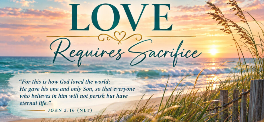 Sunrise over the ocean with the words “Love Requires Sacrifice” and John 3:16 (NLT), illustrating the sacrificial love of God through Jesus Christ.