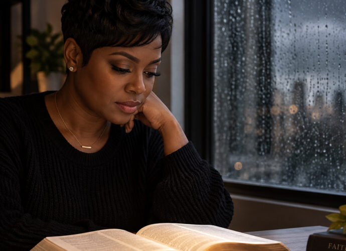 Beautiful Black woman with a modern pixie hairstyle thoughtfully reading her Bible beside a rain-covered window, illustrating faith in God’s Word during difficult circumstances.