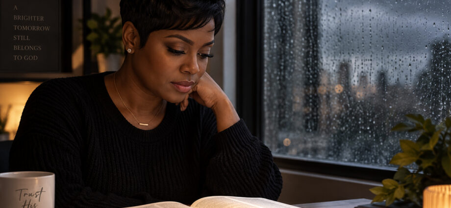 Beautiful Black woman with a modern pixie hairstyle thoughtfully reading her Bible beside a rain-covered window, illustrating faith in God’s Word during difficult circumstances.